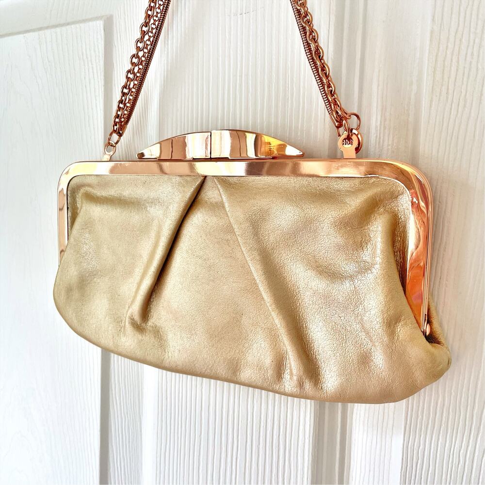 HOBO THE ORIGINAL Hayley Metallic Leather Wallet Clutch Pearl Beige w/ Rose Gold